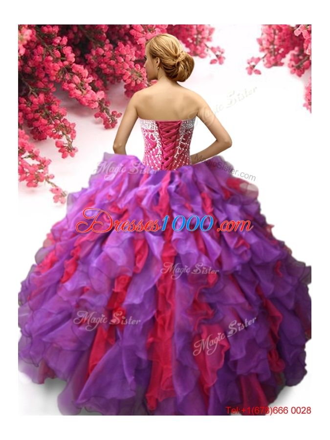 Unique Purple and Hot Pink Quinceanera Dress with Ruffles and Beading