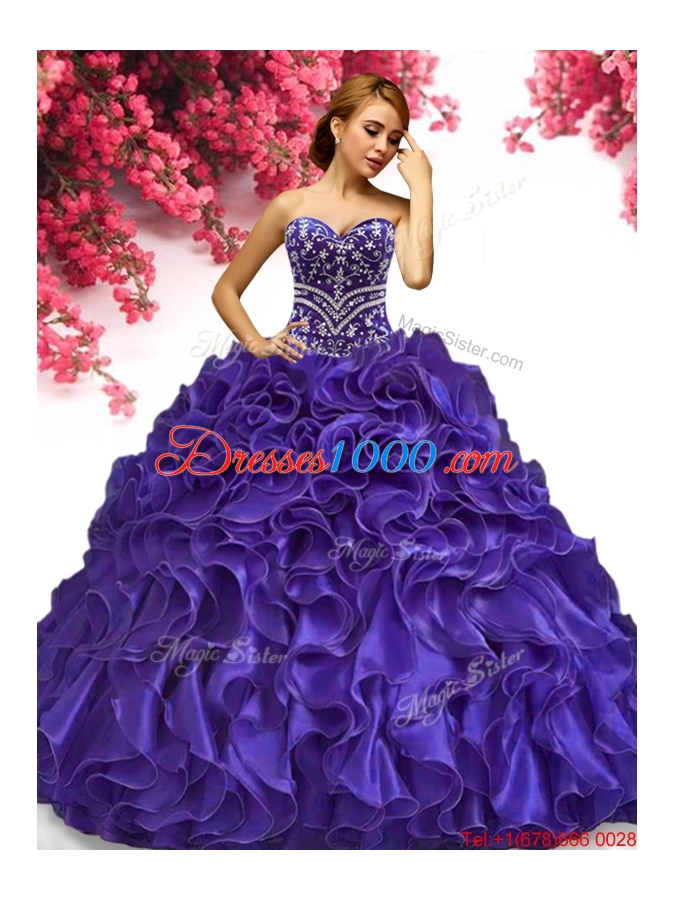 Wonderful Beaded and Ruffled Organza Quinceanera Dress in Purple
