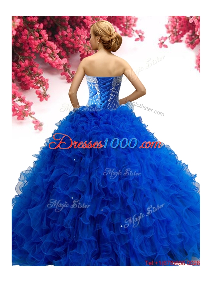 Elegant Royal Blue Tulle Sweet 16 Dress with Ruffles and Beading