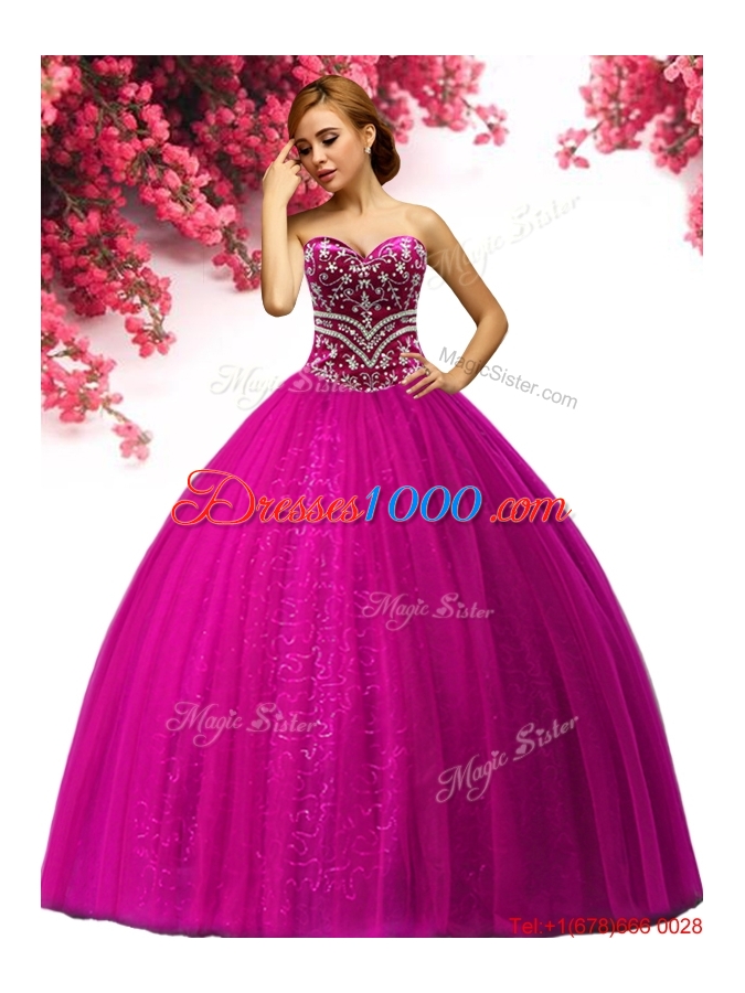 Hot Sale Beaded Fuchsia Sweet 16 Gown in Tulle
