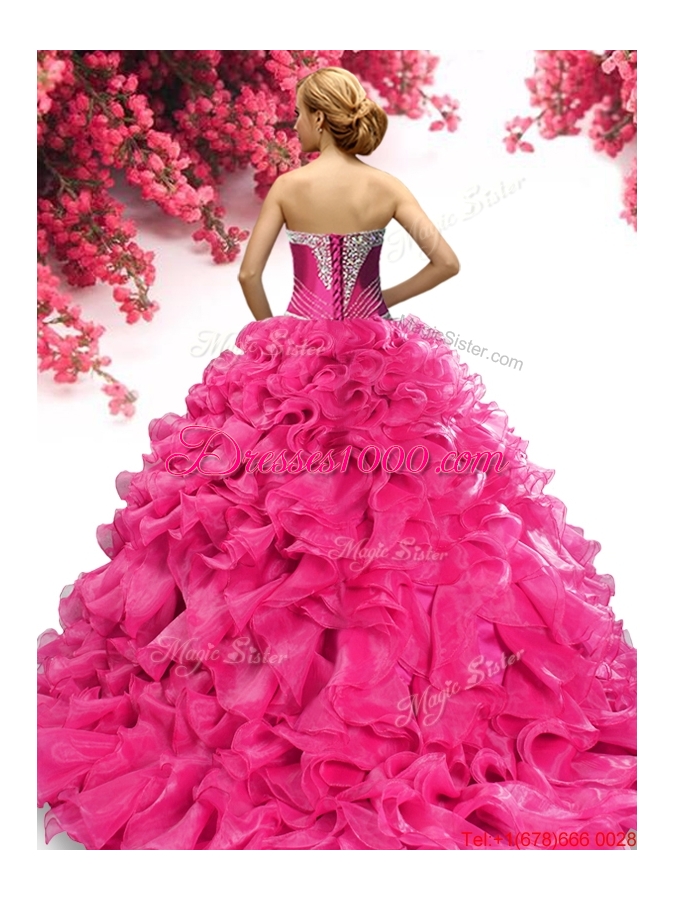 Luxurious Applique and Ruffled Organza Quinceanera Dress in Hot Pink
