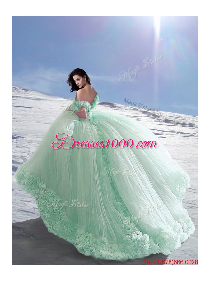Perfect Off the Shoulder Cap Sleeves Apple Green Quinceanera Dress with Hand Made Flowers
