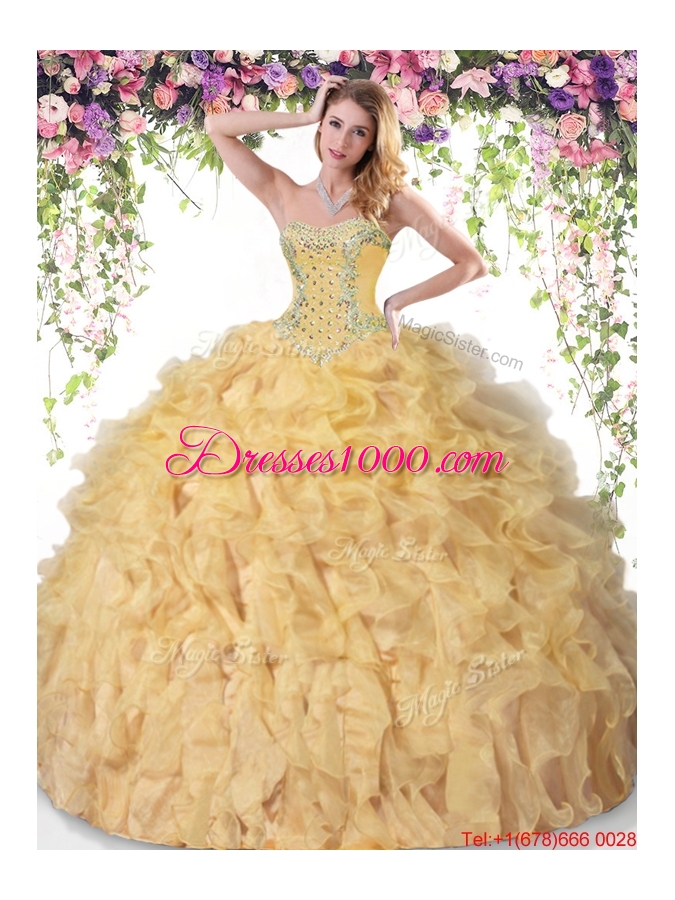 2017 Pretty Beaded and Ruffled Quinceanera Dress in Gold