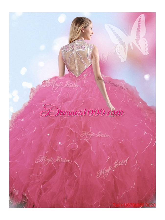 Affordable Big Puffy Beaded and Ruffled High Neck Quinceanera Dress