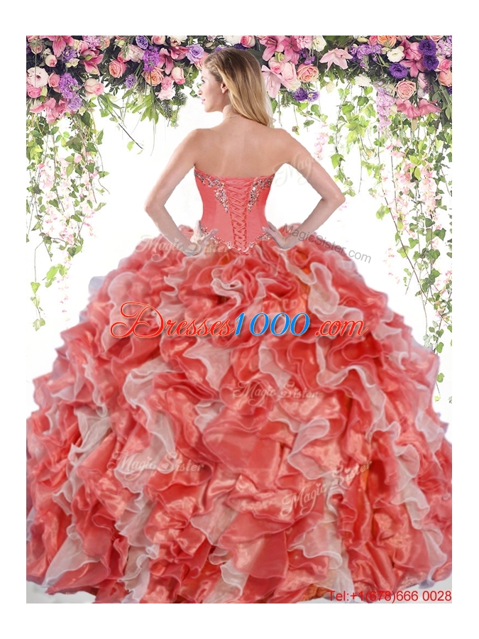 Affordable Organza Beaded Sweet 15 Dress in Rust Red and White
