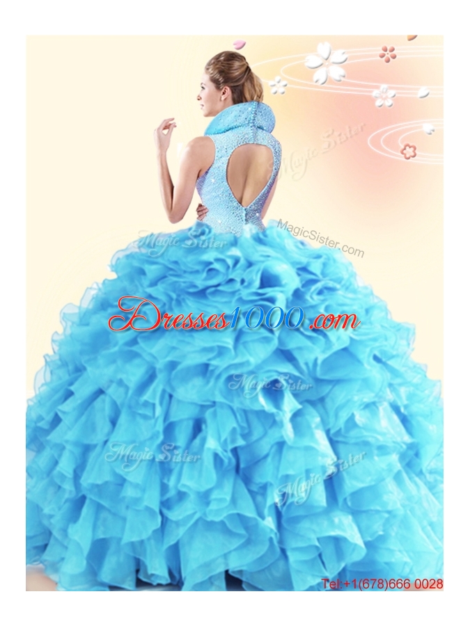 Affordable Ruffled and Beaded High Neck Quinceanera Dress with Backless
