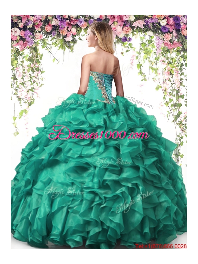 Best Selling Beaded and Ruffled Organza Quinceanera Gown in Turquoise