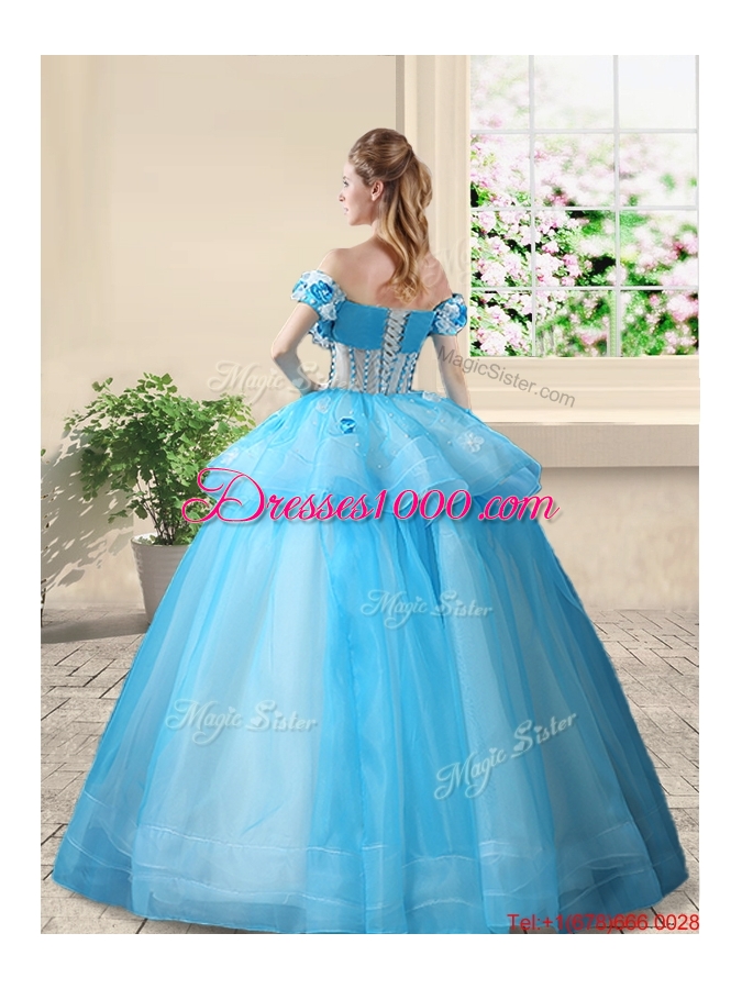 Best Selling Off the Shoulder Baby Blue Quinceanera Gown with Appliques and Beading