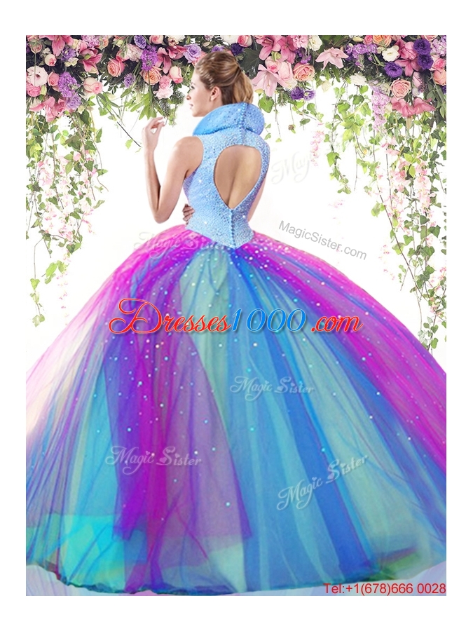 Classical Beaded High Neck Rainbow Quinceanera Dress with Backless