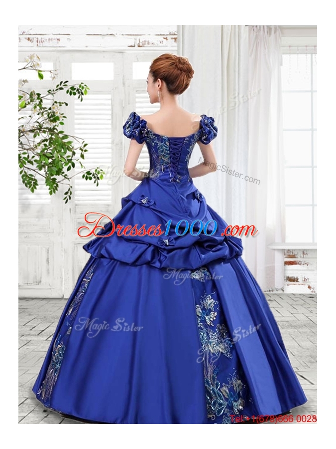 Discount Taffeta Applique and Bubble Bowknot Quinceanera Gown in Royal Blue
