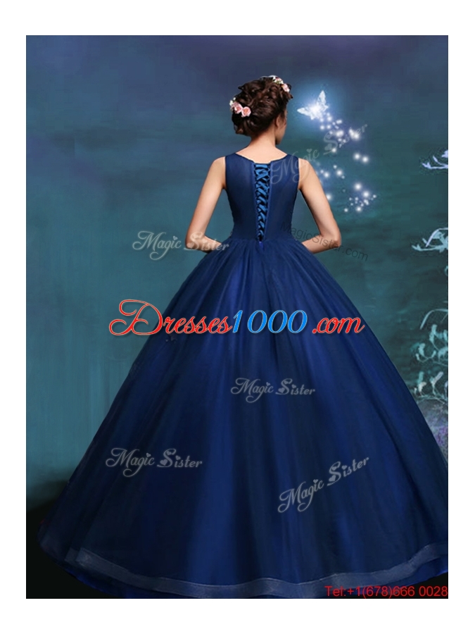 Exclusive Navy Blue Scoop Quinceanera Gown with Applique Decorated Bodice