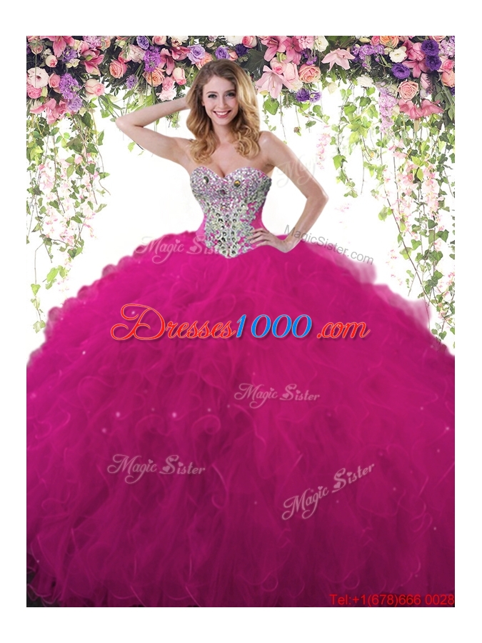 Exquisite Beaded and Ruffled Fuchsia Sweet 16 Dress in Tulle