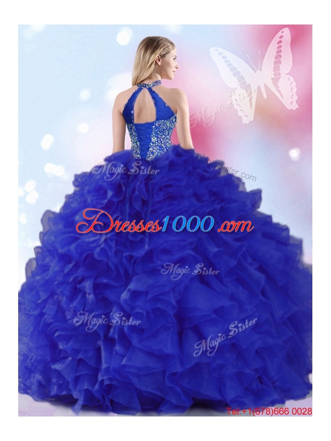 Gorgeous Beaded and Ruffled Royal Blue Quinceanera Dress with Halter Top