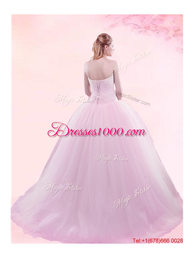Hot Sale Brush Train Baby Pink Quinceanera Gown with Bowknot and Ruching