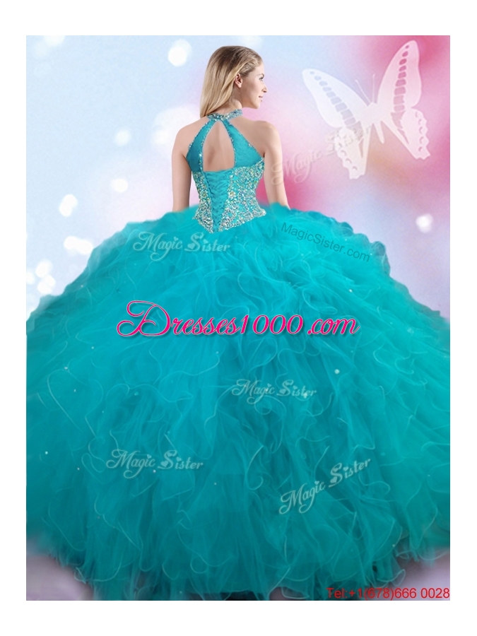 Inexpensive Beaded and Ruffled Teal Quinceanera Dress with Halter Top
