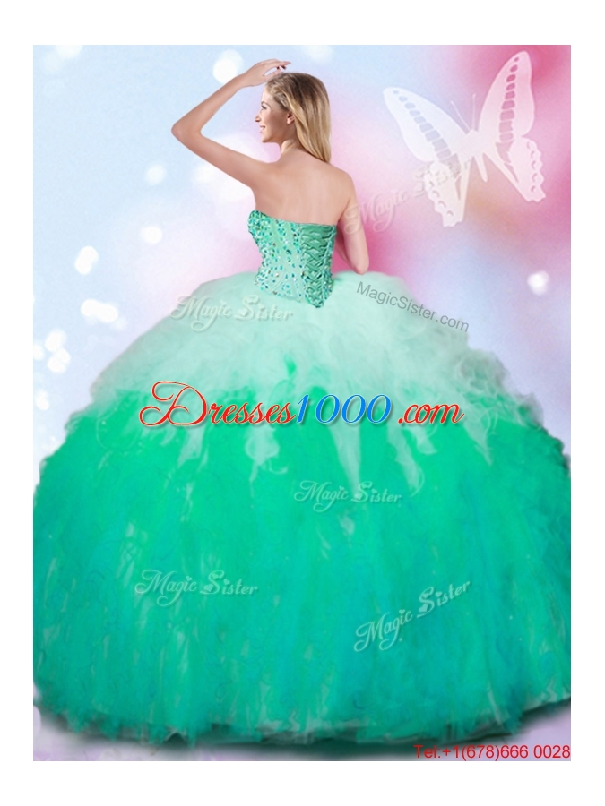Inexpensive Beaded Bodice and Ruffled Gradient Color Quinceanera Gown