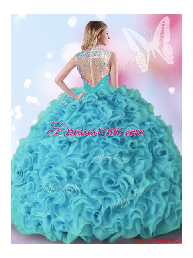 Latest Beaded and Ruffled High Neck Quinceanera Dress in Aquamarine