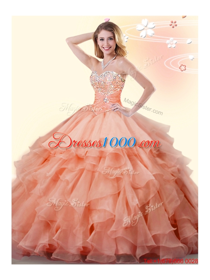 Low Price Beaded and Ruffled Orange Quinceanera Dress in Organza