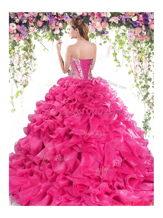 New Arrivals Organza Ruffled and Beaded Quinceanera Dress with Brush Train