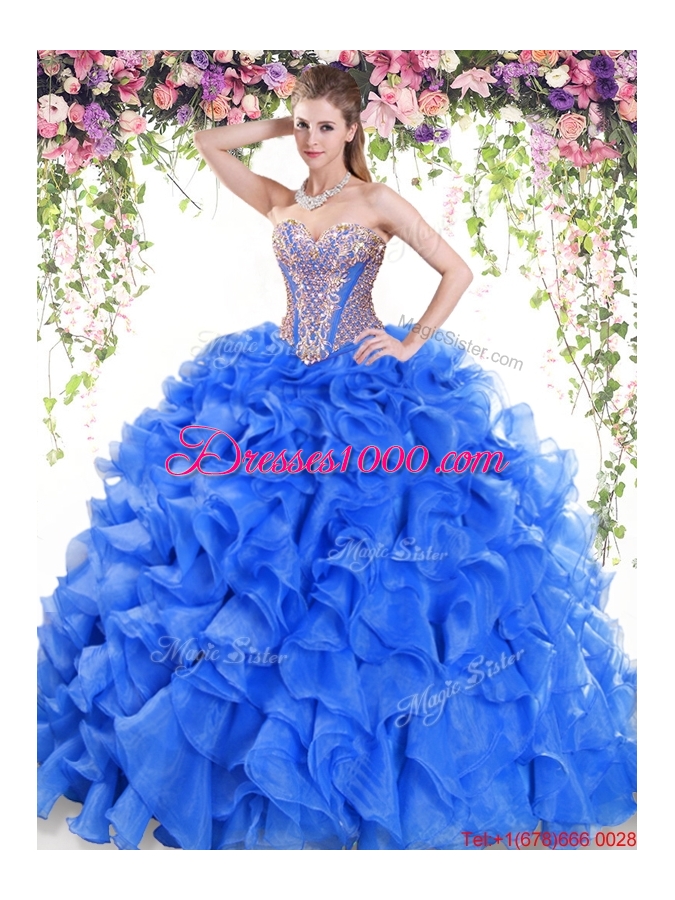 New Arrivals Organza Ruffled and Beaded Quinceanera Dress with Brush Train