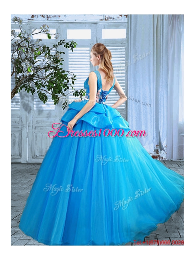 New Arrivals Scoop Applique and Handcrafted Flowers Quinceanera Gown in Blue