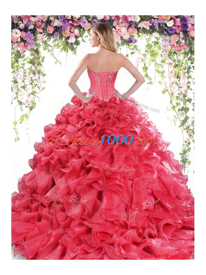 New Style Puffy Skirt Ruffled and Beaded Quinceanera Dress with Brush Train