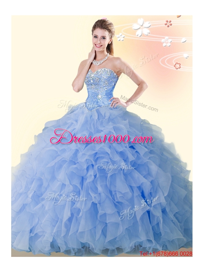 Summer Modest Beaded and Ruffled Organza Blue Quinceanera Dress