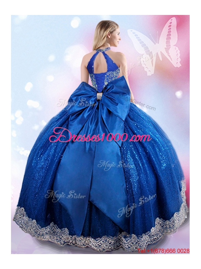 Beautiful Beaded and Bowknot Royal Blue Quinceanera Gown with Halter Top