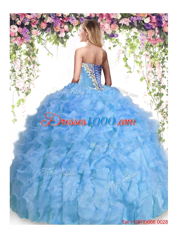 Cheap Organza Beaded and Ruffled Quinceanera Dress in Baby Blue