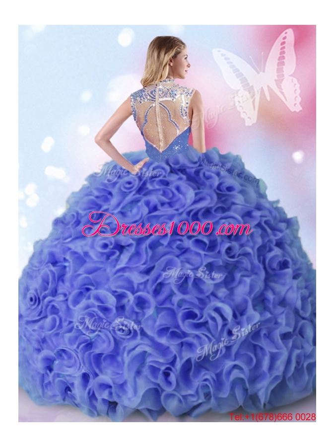 Gorgeous See Through High Neck Ruffled and Beaded Quinceanera Dress