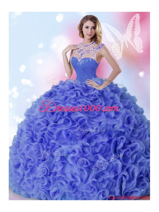 Gorgeous See Through High Neck Ruffled and Beaded Quinceanera Dress