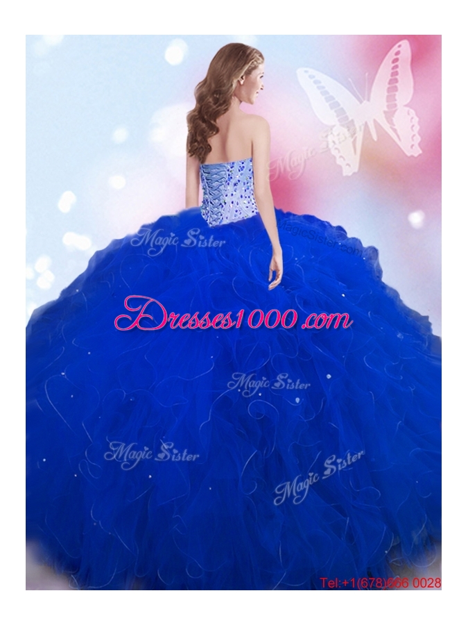 Modest Puffy Skirt Beaded and Ruffled Sweet 16 Dress in Royal Blue