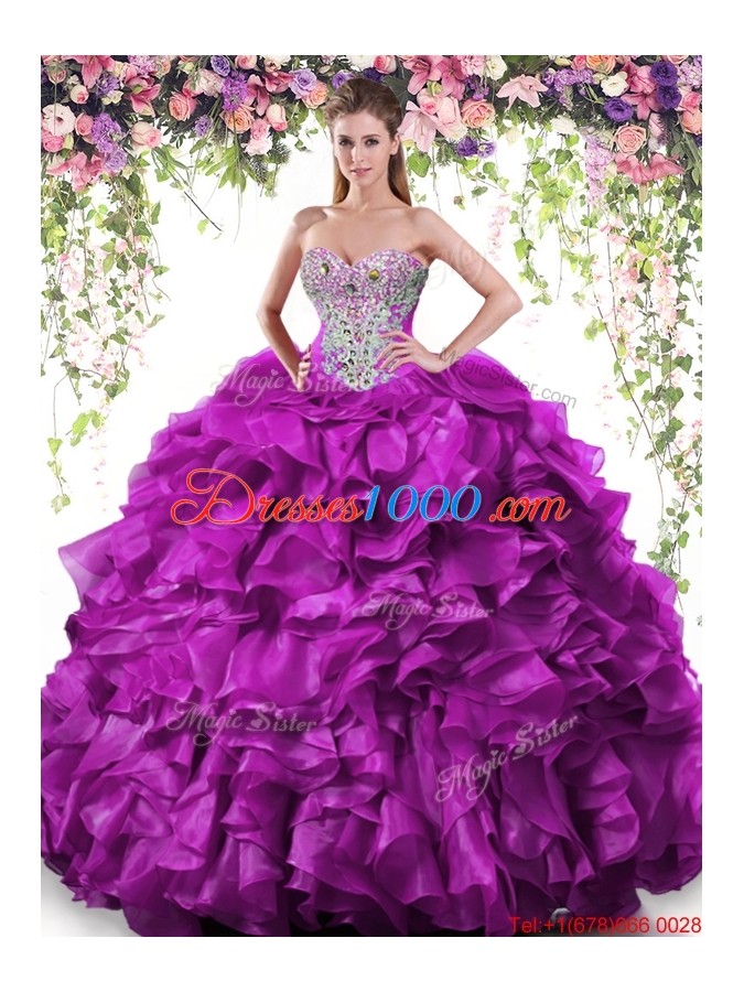 New Arrivals Beaded and Ruffled Dark Purple Quinceanera Dress in Organza