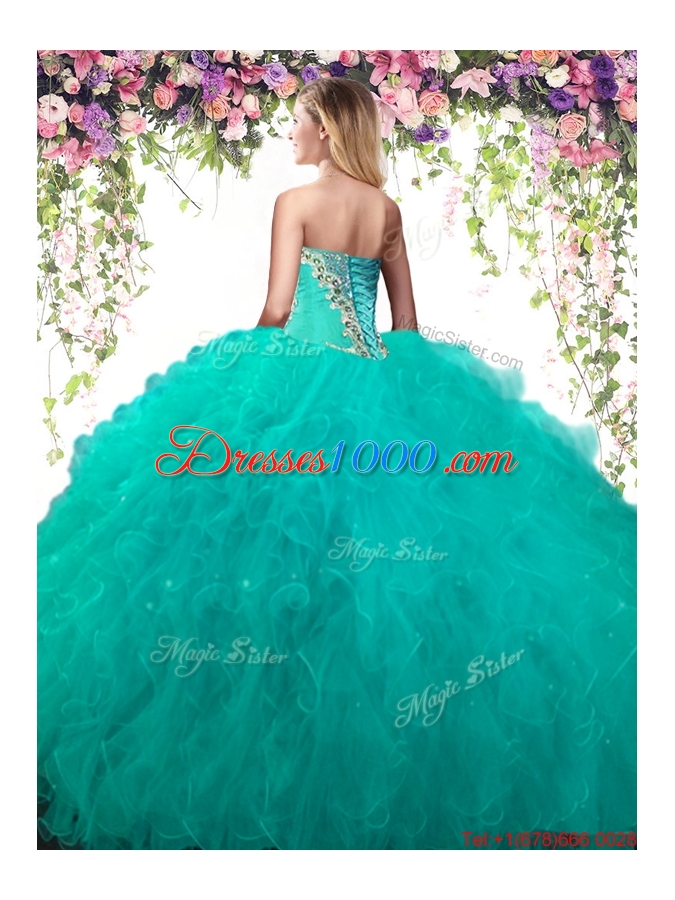 New Style Beaded and Ruffled Turquoise Quinceanera Dress in Tulle