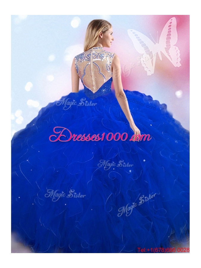 Perfect Beaded and Ruffled Royal Blue Quinceanera Dress with High Neck