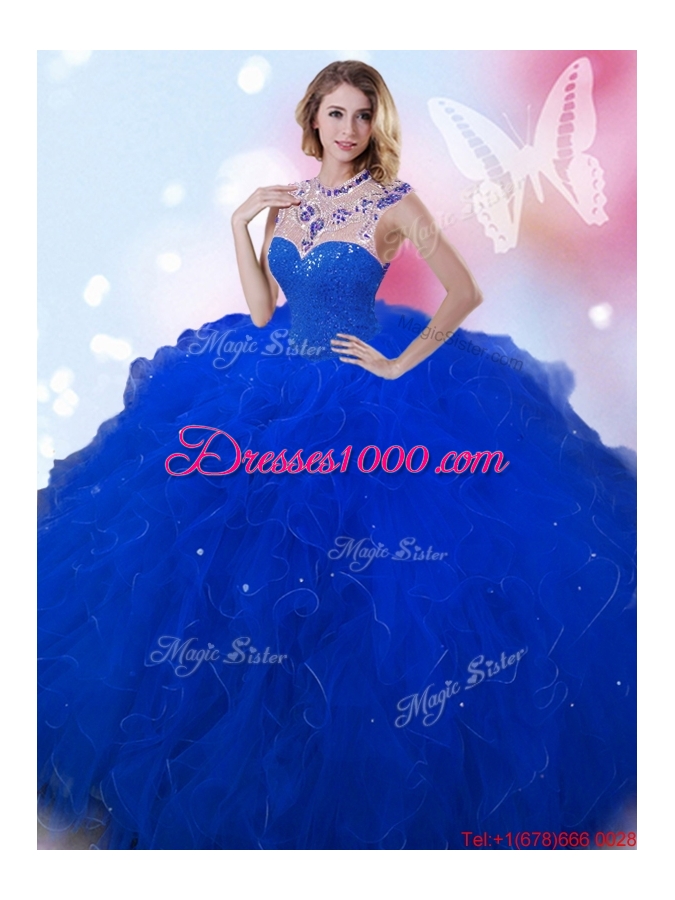 Perfect Beaded and Ruffled Royal Blue Quinceanera Dress with High Neck