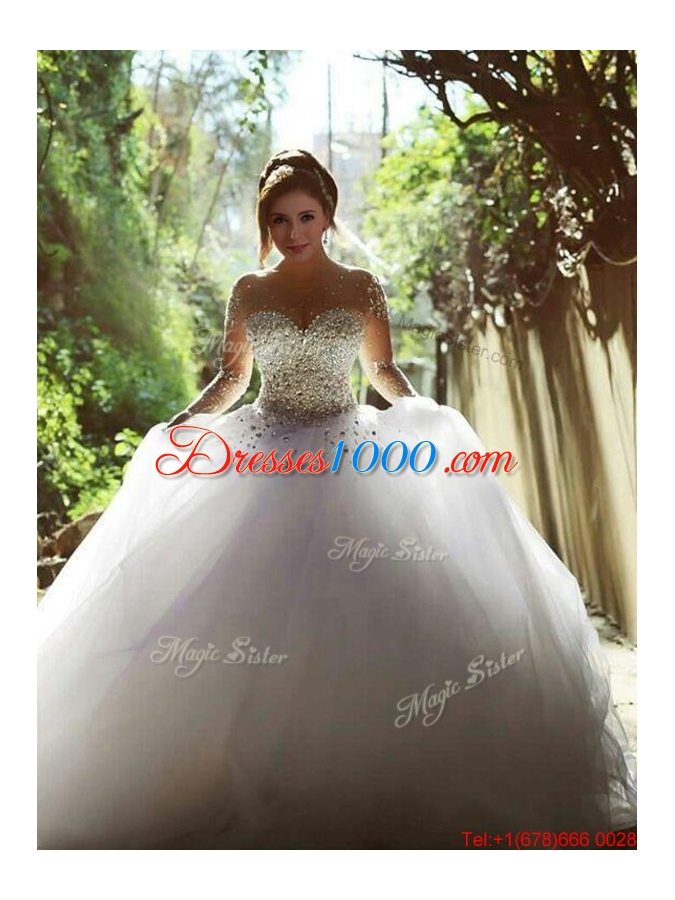 Luxurious See Through Beaded Bodice Wedding Dress with Long Sleeves