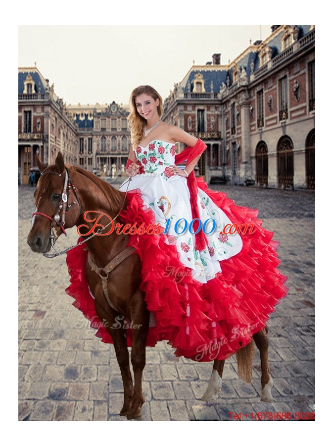 Luxurious White and Red Quinceanera Dresses with Ruffled Layers and Embroidery