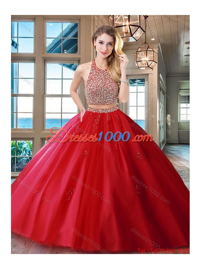 Exquisite Two Piece Red Backless Tulle Quinceanera Dress with Beaded Bodice