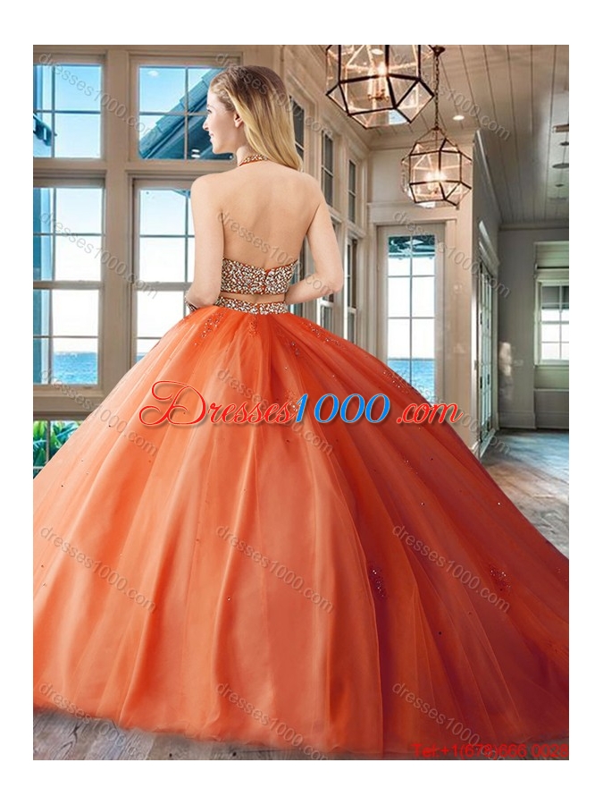 Exquisite Two Piece Red Backless Tulle Quinceanera Dress with Beaded Bodice