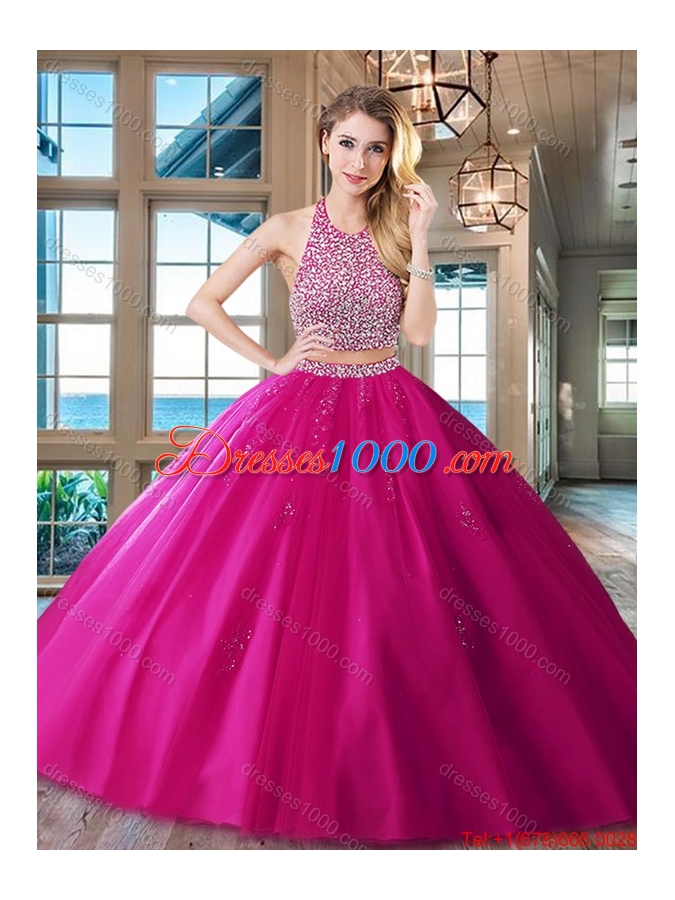 Exquisite Two Piece Red Backless Tulle Quinceanera Dress with Beaded Bodice