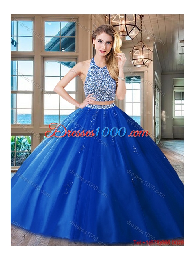 Exquisite Two Piece Red Backless Tulle Quinceanera Dress with Beaded Bodice