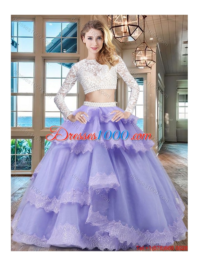 New Style Two Piece Scoop Lavender Quinceanera Dress in Tulle and Lace