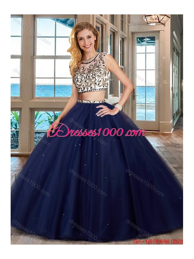 Popular Two Piece Brush Train Beaded Quinceanera Dress in Navy Blue