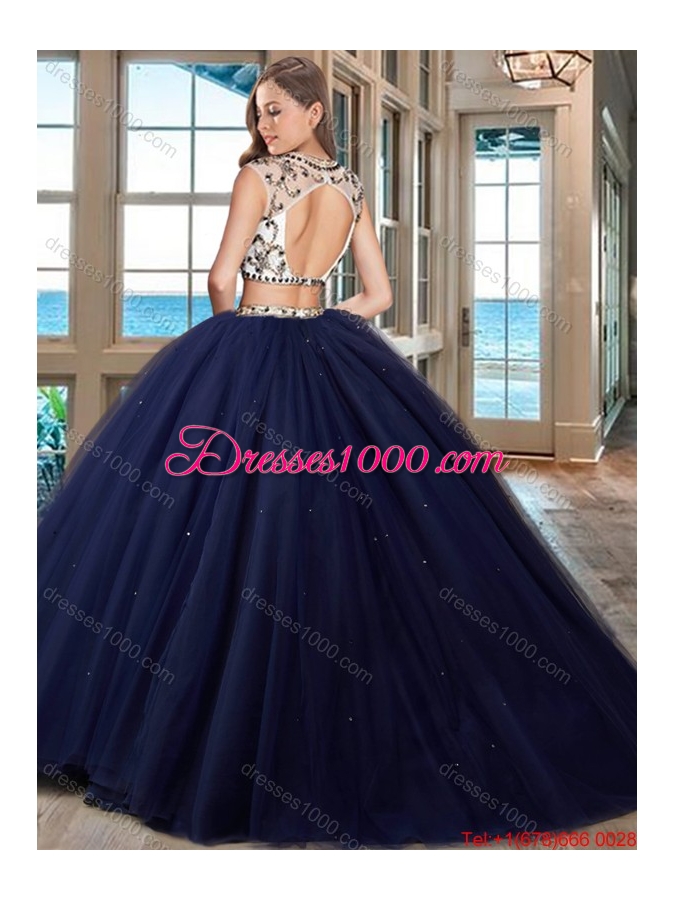 Popular Two Piece Brush Train Beaded Quinceanera Dress in Navy Blue