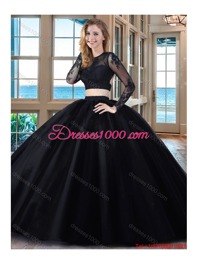 Puffy Scoop Tulle Appliques Backless Long Sleeves Two Piece Quinceanera Dresses in Red