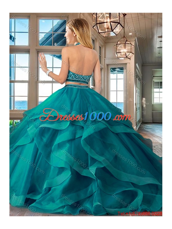 Romantic Halter Top Tulle Brush Train Quinceanera Dress in Royal Blue