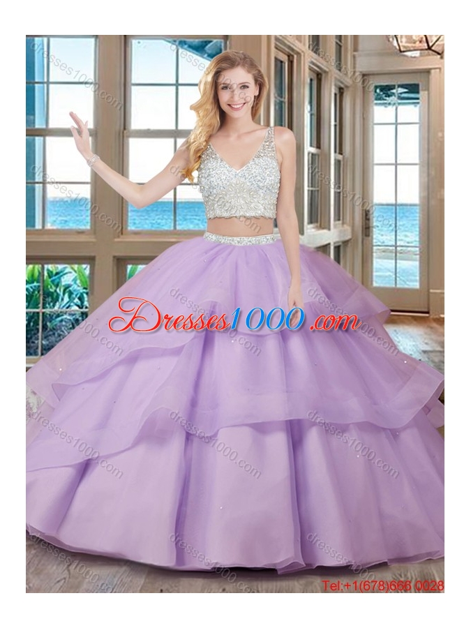 Two Piece Puffy V Neck Brush Train Fuchsia Quinceanera Dresses with Beading