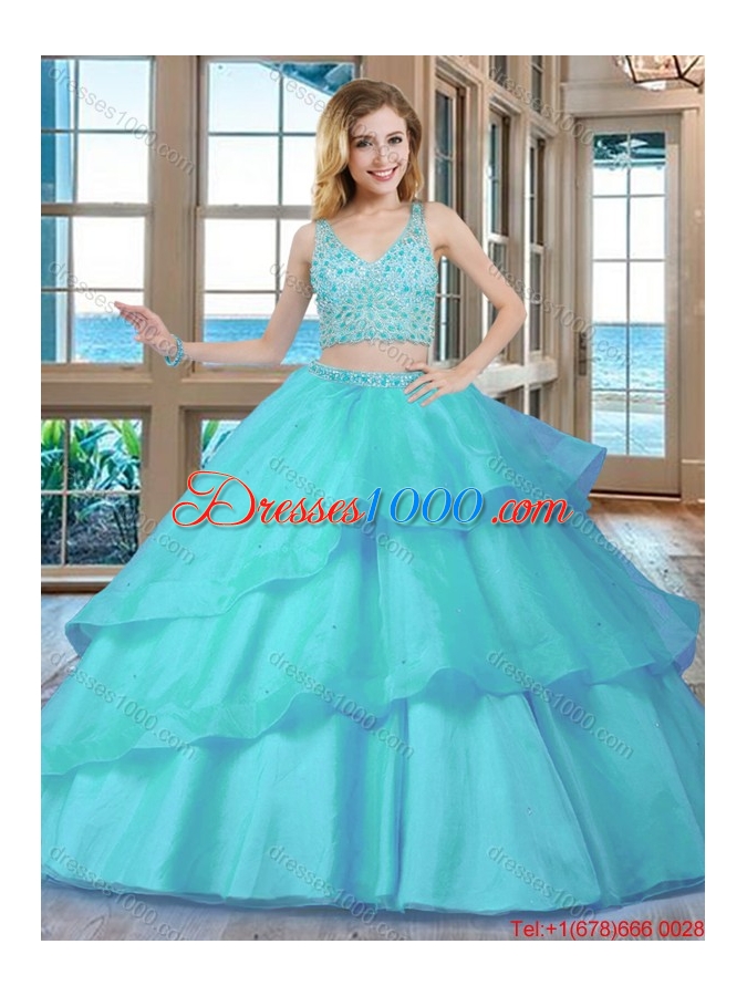 Two Piece Puffy V Neck Brush Train Fuchsia Quinceanera Dresses with Beading