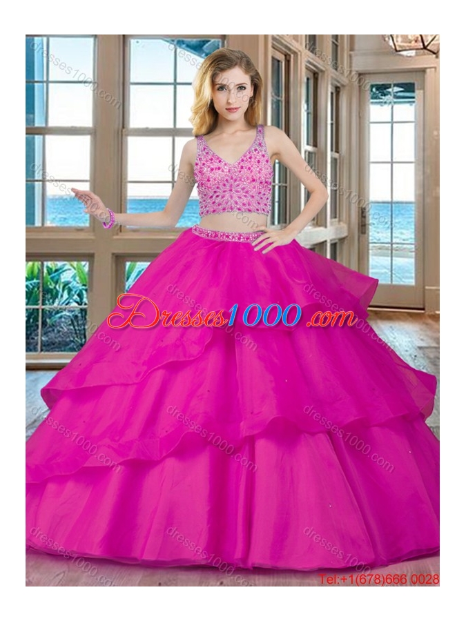 Two Piece Puffy V Neck Brush Train Fuchsia Quinceanera Dresses with Beading